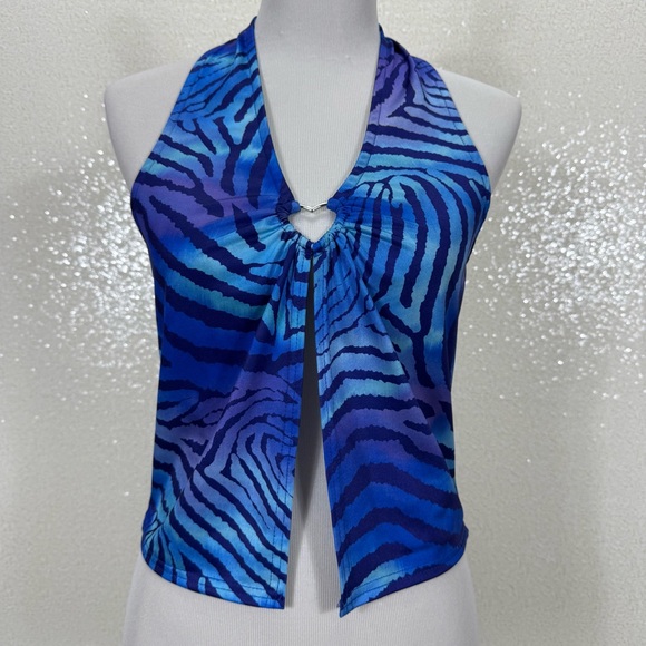 Urban Outfitters Blue Zebra Swirl Halter Top Ring Front Y2K Festival Top Large - Picture 13 of 13